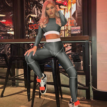 Load image into Gallery viewer, 2019 New Autumn Women's Long Sleeved T-shirt Trousers Line Yoga Sports Suit 2pcs Ladies Winter Sportwear Gray