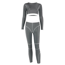 Load image into Gallery viewer, 2019 New Autumn Women's Long Sleeved T-shirt Trousers Line Yoga Sports Suit 2pcs Ladies Winter Sportwear Gray